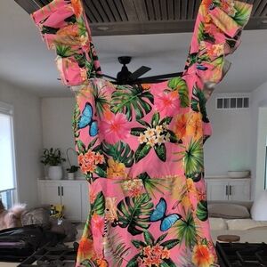 Tropical Pink Floral Ruffle Dress